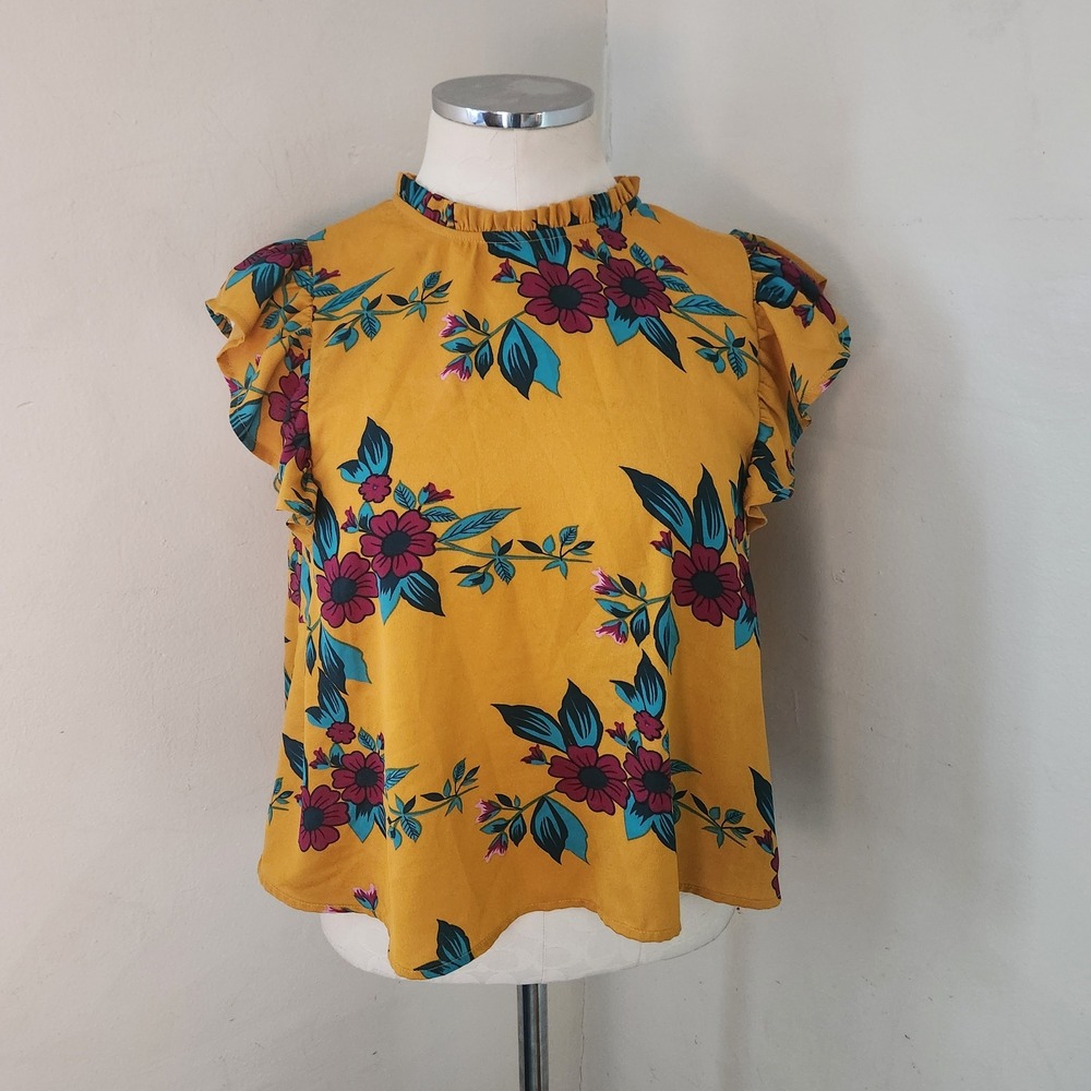 TRUE DESTINY Womens Mustard Floral Mock Neck Ruffle Sleeve Tie Back Blouse Top L